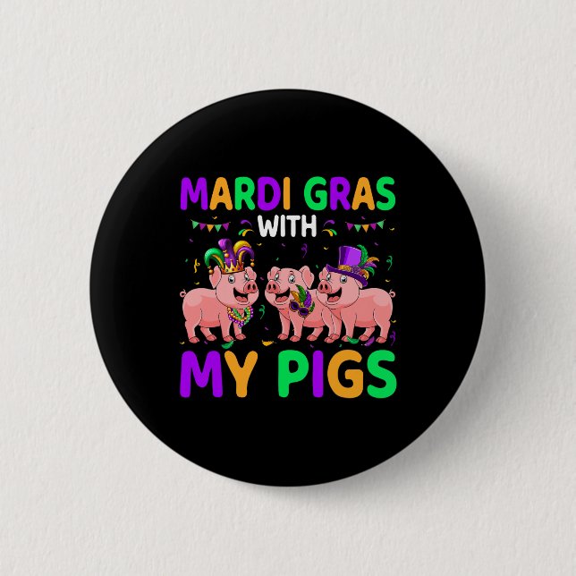 Mardi Gras med mitt Grisar, tre cute Grisar har bl Knapp (Framsida)