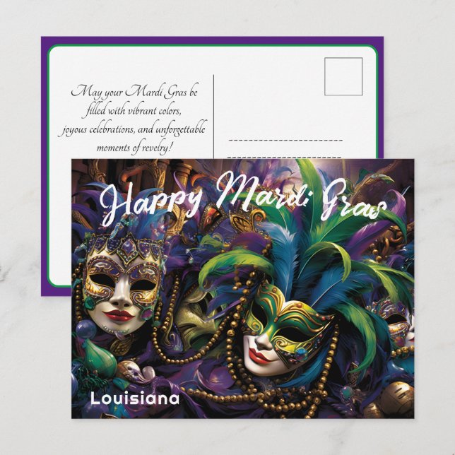 💚 💜 💛 Mardi Gras med vackra masker Vykort (Fram/baksida)