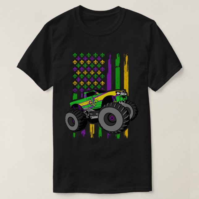Mardi Gras Monster Lastbil US American Flagga T Shirt (Design framsida)