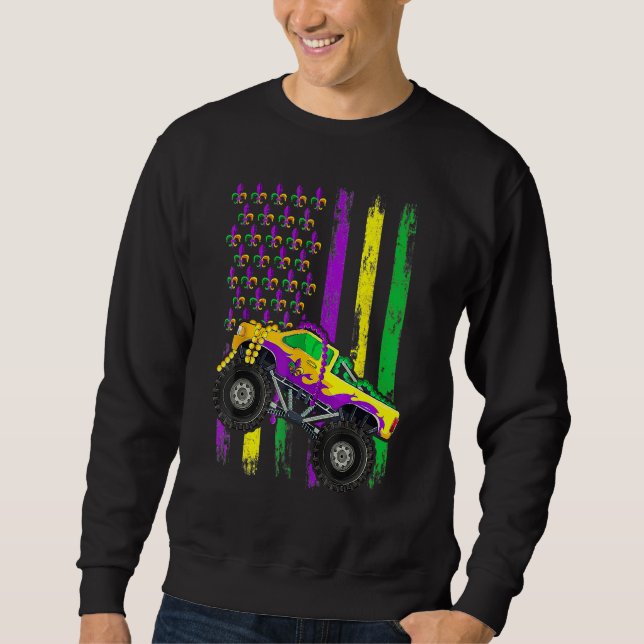 Mardi Gras Monster Truck Beads American Flag Kids  Lång Ärmad Tröja (Framsida)