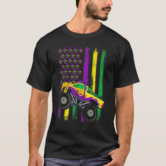 Mardi Gras Monster Truck Beads Flag Shirt, Kids Bo T Shirt (Framsida)