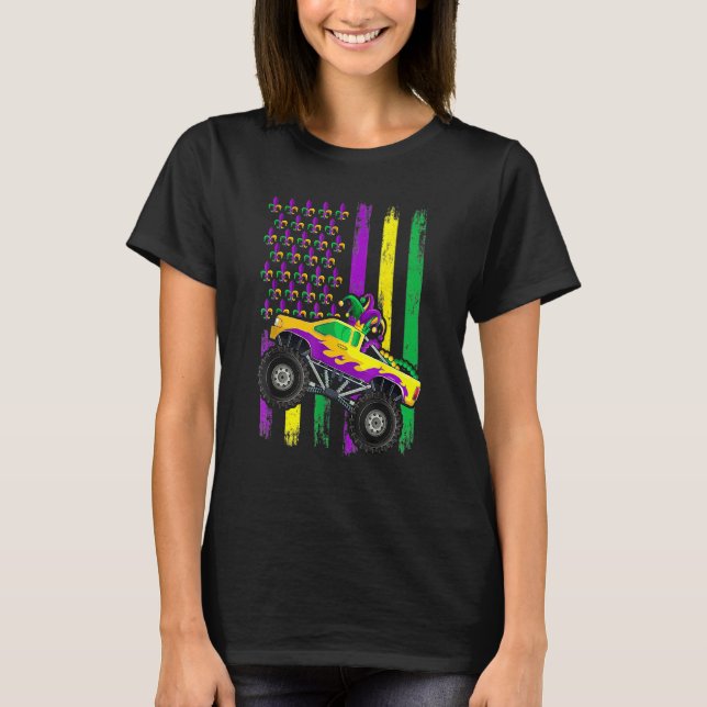 Mardi Gras Monster Truck Jester Beads Flag Shirt,  T Shirt (Framsida)