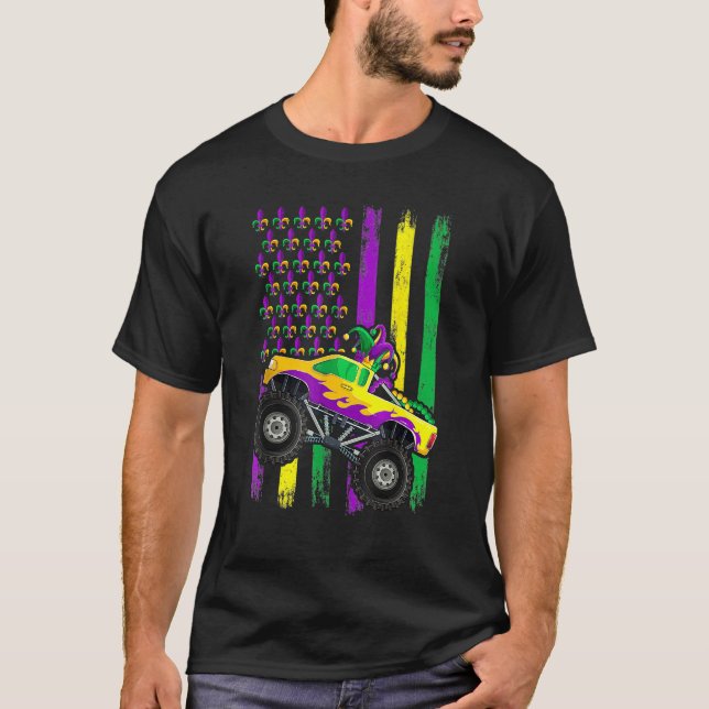 Mardi Gras Monster Truck Jester Beads Flag Shirt,  T Shirt (Framsida)