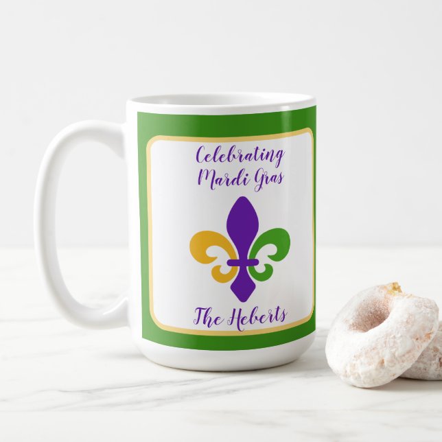 Mardi Gras NAME Green Gold Purple Fleur de Lis Kaffemugg (Med munk)