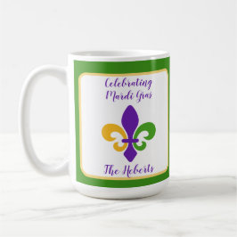 Mardi Gras NAME Green Gold Purple Fleur de Lis Kaffemugg