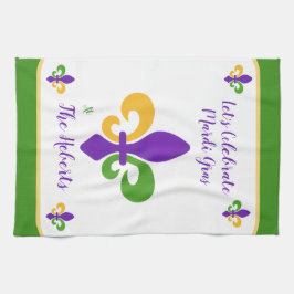Mardi Gras NAME Green Gold Purple Fleur de Lis Kökshandduk