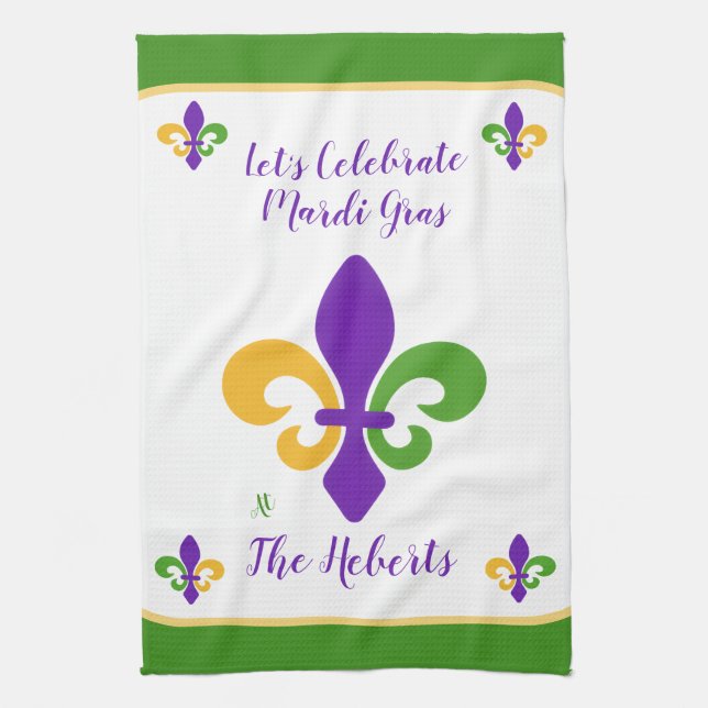 Mardi Gras NAME Green Gold Purple Fleur de Lis Kökshandduk (Vertikal)
