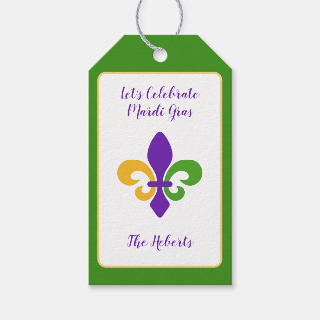 Mardi Gras NAME Green Gold Purple Fleur de Lis Presentetikett (Framsidan)