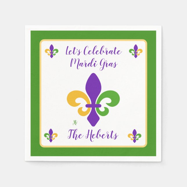 Mardi Gras NAMN Grön Guld Lila Fleur de Lis Pappersservett (Framsidan)