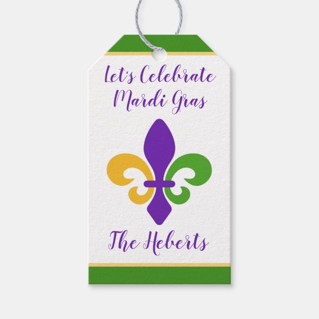 Mardi Gras NAMN Grön Guld Lila Fleur de Lis Presentetikett (Framsidan)