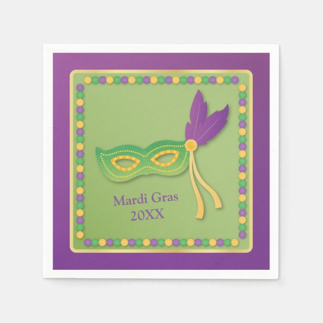 Mardi Gras-papperstallrikar med mask och pärlor Pappersservett (Framsidan)