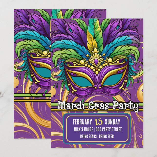 Mardi Gras Parad och Party Mask Inbjudningar (Fram/baksida)