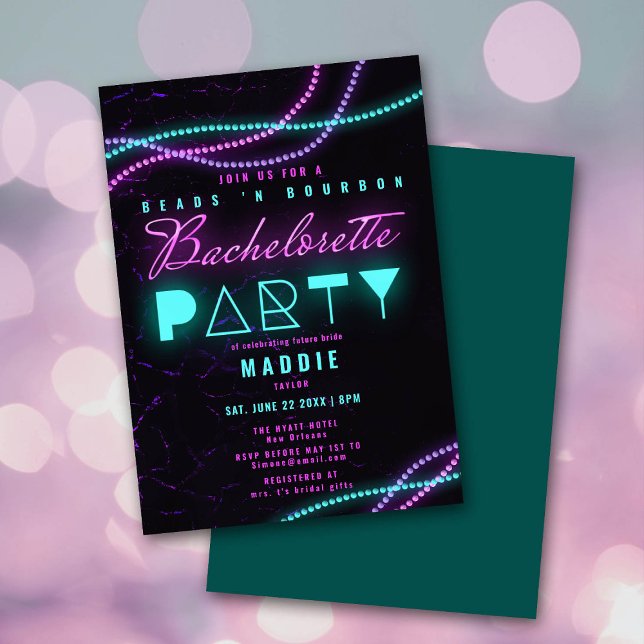 Mardi Gras Pärlor Bourbon Neon Bachelorette Party Inbjudningar (Skapare uppladdad)