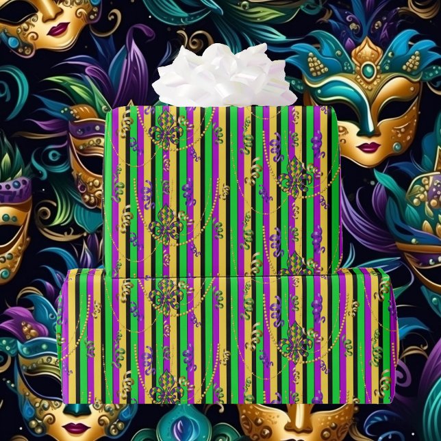Mardi Gras Pärlor Fleur de Lis Lila Guld Grönt Presentpapper (Skapare uppladdad)