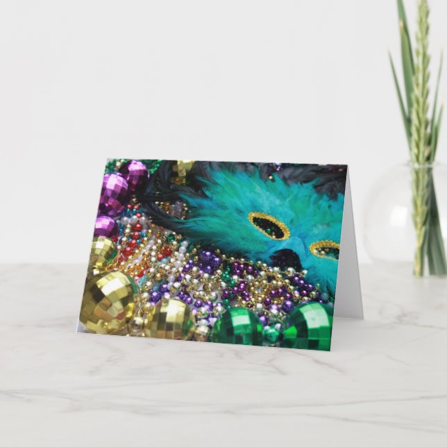 Mardi Gras Pärlor och Grönt Fjädermaskkort Kort (Framsida)