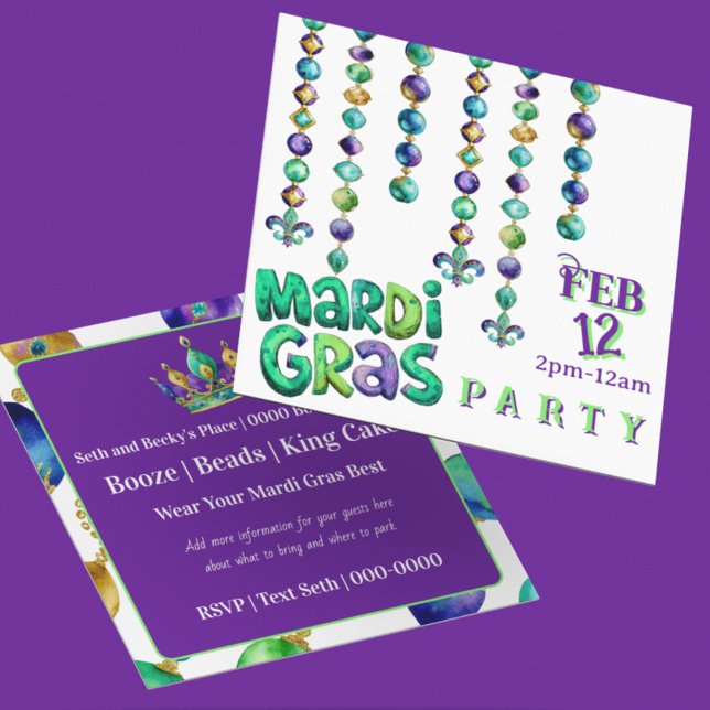 Mardi Gras-pärlor Party Inbjudningar (Personalize the front and reverse of this Mardi Gras Party invitation featuring mardi gras beads)
