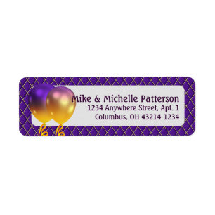 Mardi Gras Party Balloons & Lila Argyle Returadress Etikett