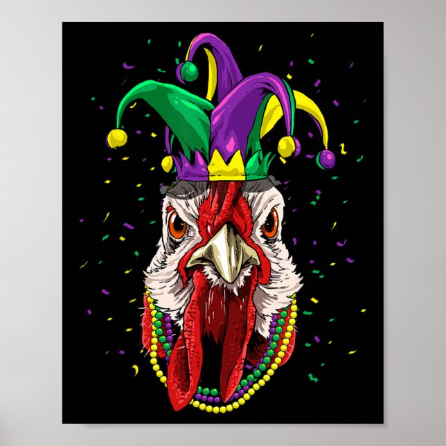 Mardi Gras Party Carnival Jester Chicken Älskare F Poster (Framsidan)