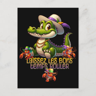 Mardi Gras Party Gator & Crawdads Vykort