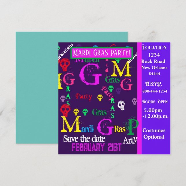 MARDI GRAS PARTY INBJUDNINGAR (Fram/baksida)