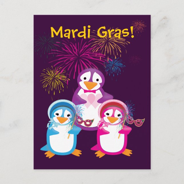 Mardi Gras Penguins vycard Vykort (Framsida)