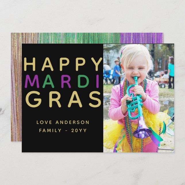 Mardi Gras Photo Card - Modern Lila Grönt Guld Inbjudningar (Fram/baksida)