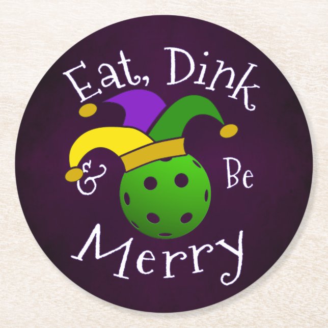 Mardi Gras Pickleball Eat Dink be Merry Underlägg Papper Rund (Framsidan)