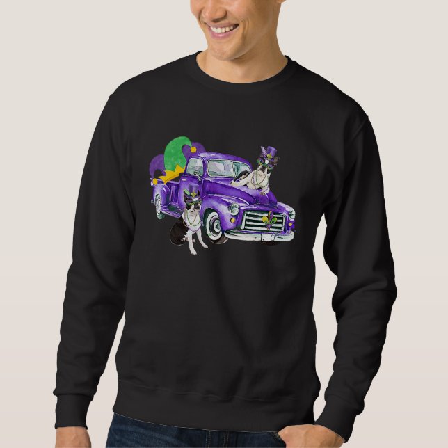 Mardi Gras Pickup Truck Boston Terrier Lång Ärmad Tröja (Framsida)