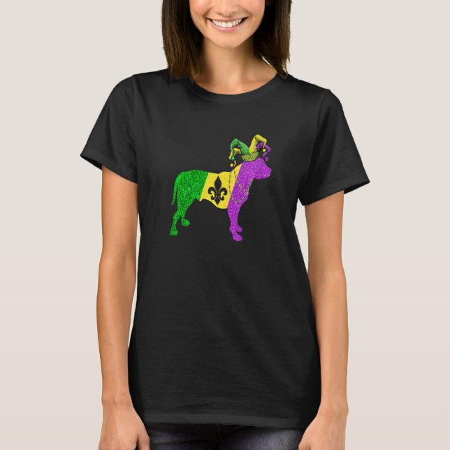 Mardi Gras Pitbull Dog Mardi Gras Hat Beads T Shirt (Framsida)