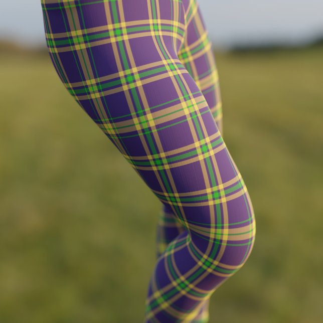 Mardi Gras Play Lila Grönt Guld Tartan Leggings (Celebrate Fat Tuesday in style in a pair of Purple Gold and Green Mardi Gras Tartan Leggings)