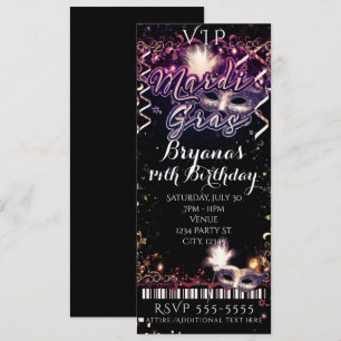 Mardi Gras Plum Gold VIP-födelsedagsfestbiljett Inbjudningar
