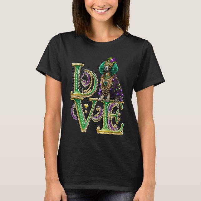 Mardi Gras Poodle Word LOVE Masquerade T Shirt (Framsida)