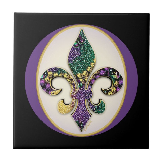 Mardi Gras pryder med pärlor Fleur de lis Kakelplatta (Framsidan)