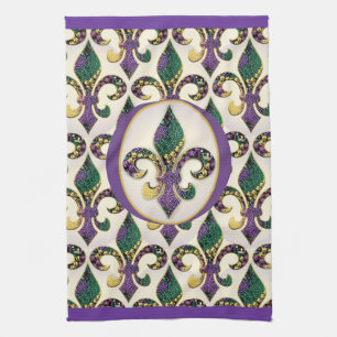 Mardi Gras pryder med pärlor Fleur de lis Kökshandduk