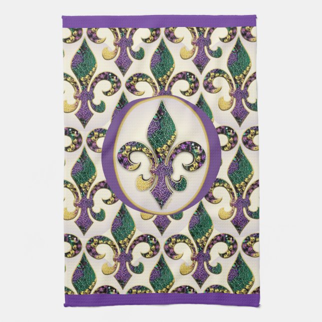 Mardi Gras pryder med pärlor Fleur de lis Kökshandduk (Vertikal)