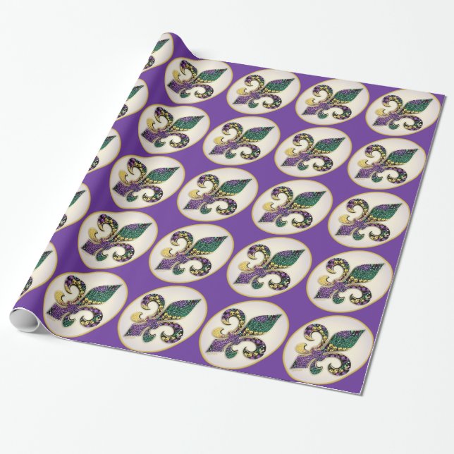 Mardi Gras pryder med pärlor Fleur de lis Presentpapper (Utrullad)