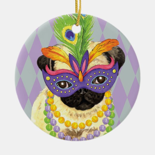 Mardi Gras Pug Julgransprydnad Keramik (Framsidan)