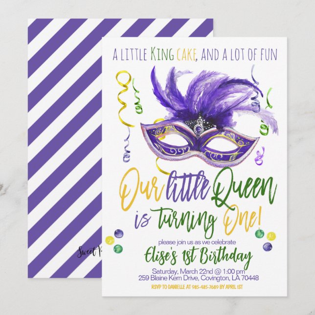 Mardi Gras Queen First Birthday bjudande Inbjudningar (Fram/baksida)