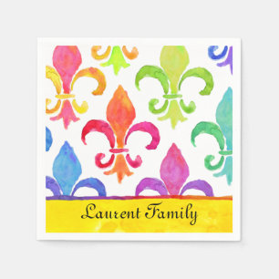 Mardi Gras Rainbow Fleur de lis Family Namn Pappersservett