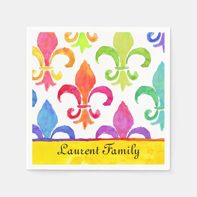 Mardi Gras Rainbow Fleur de lis Family Namn Pappersservett (Framsidan)