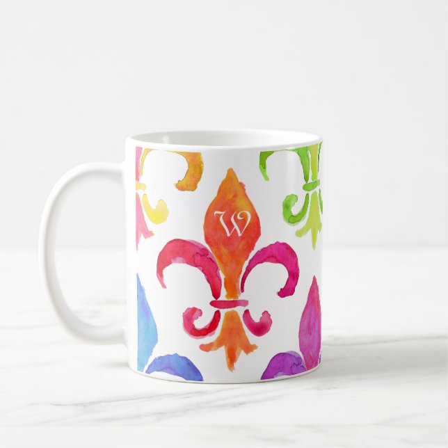 Mardi Gras Rainbow Fleur de lis Monogram Kaffemugg (Vänster)
