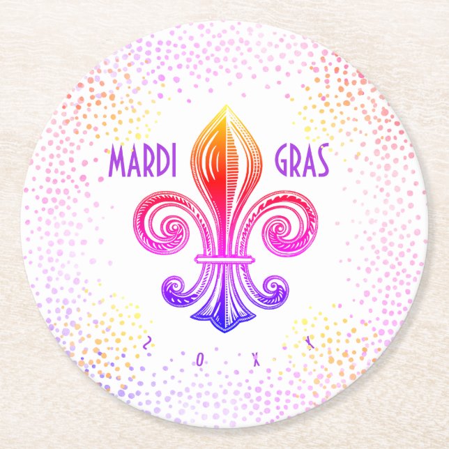 Mardi Gras Rainbow Fleur De Lis with Confetti Underlägg Papper Rund (Framsidan)
