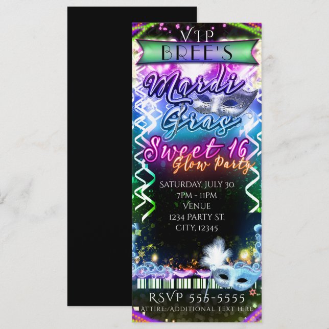 Mardi Gras Rainbow Glow VIP SWEET 16 Festbiljett Inbjudningar (Fram/baksida)