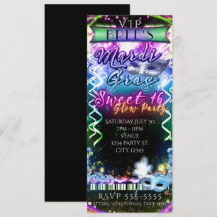 Mardi Gras Rainbow Glow VIP SWEET 16 Festbiljett Inbjudningar