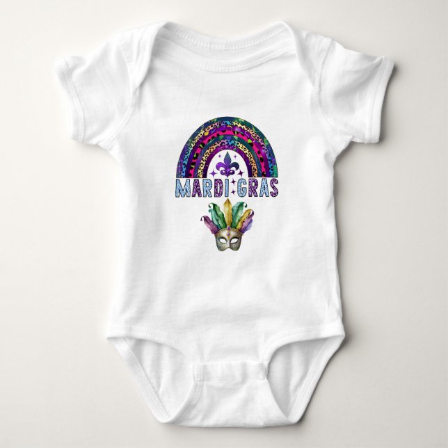 Mardi Gras Rainbow och Mask Baby Bodykostym T Shirt (Framsida)
