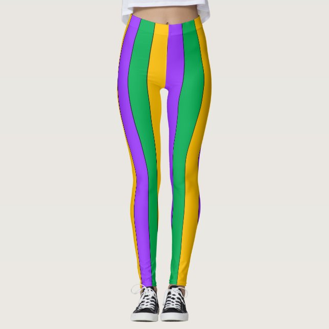 Mardi Gras Rand Mönster Lila Grönt Gult Leggings (Framsida)
