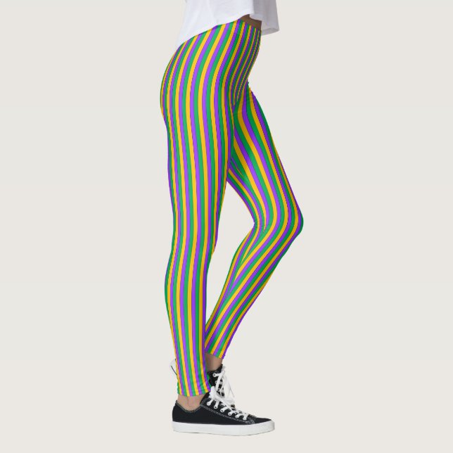 Mardi Gras Rand Mönster Lila Grönt Gult Leggings (Höger)