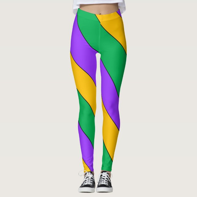 Mardi Gras Rand Mönster Lila Grönt Gult Leggings (Framsida)