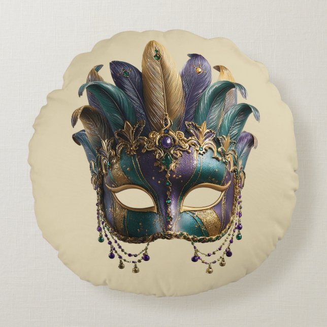 Mardi Gras Regal Feather Mask Rund Kudde (Framsidan)