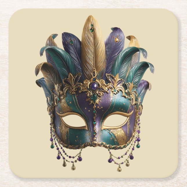 Mardi Gras Regal Feather Mask Underlägg Papper Kvadrat (Framsidan)
